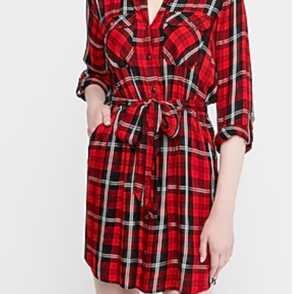 Red Plaid Sash Tie Utility Shirt Dress